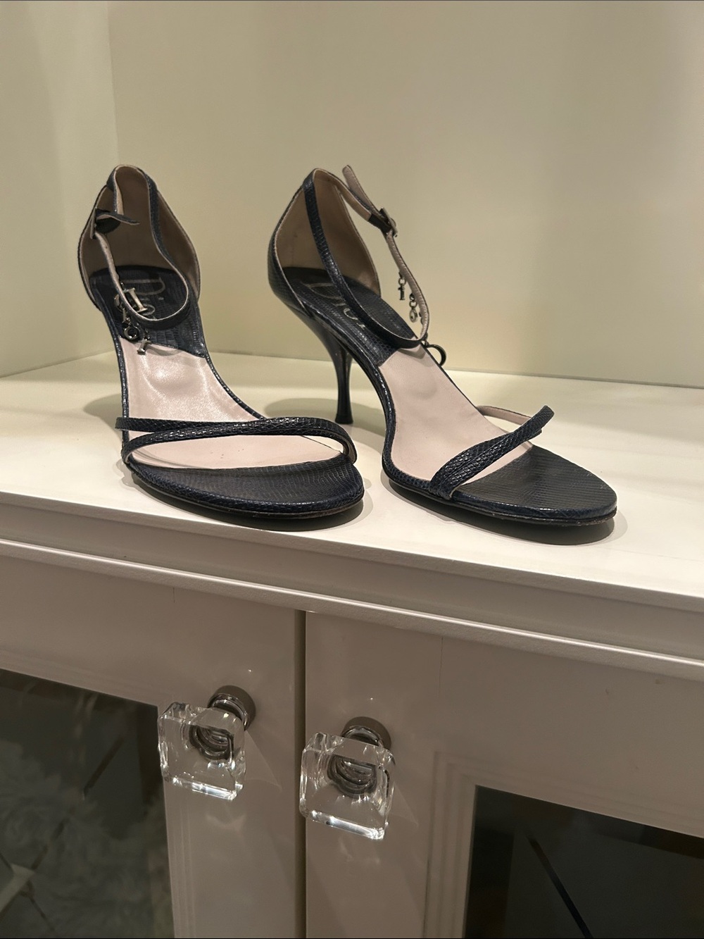 Dior Navy Strappy Kitten Heel Sandals with DIOR Letter Charms